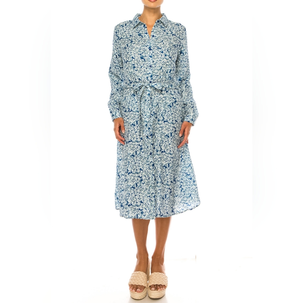 Vivid Long Sleeve Belted Floral Shirt Dress(4805p)